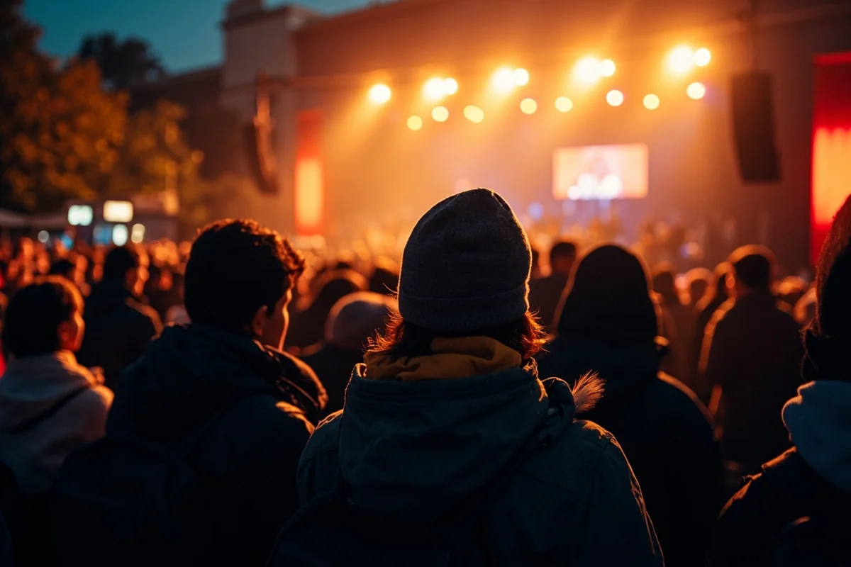 Fall evening concert scene showing crowd in jackets with early autumn colors visible