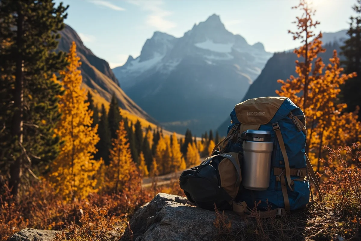 Fall foliage in Montana's Glacier National Park with packed backpack in foreground showing cold-weather gear