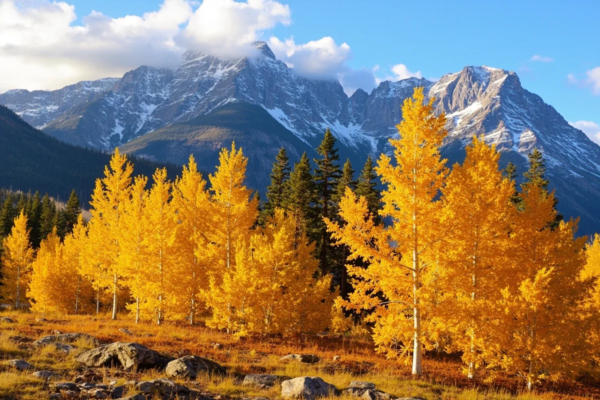 Fall larch trees golden against mountain backdrop in Montana