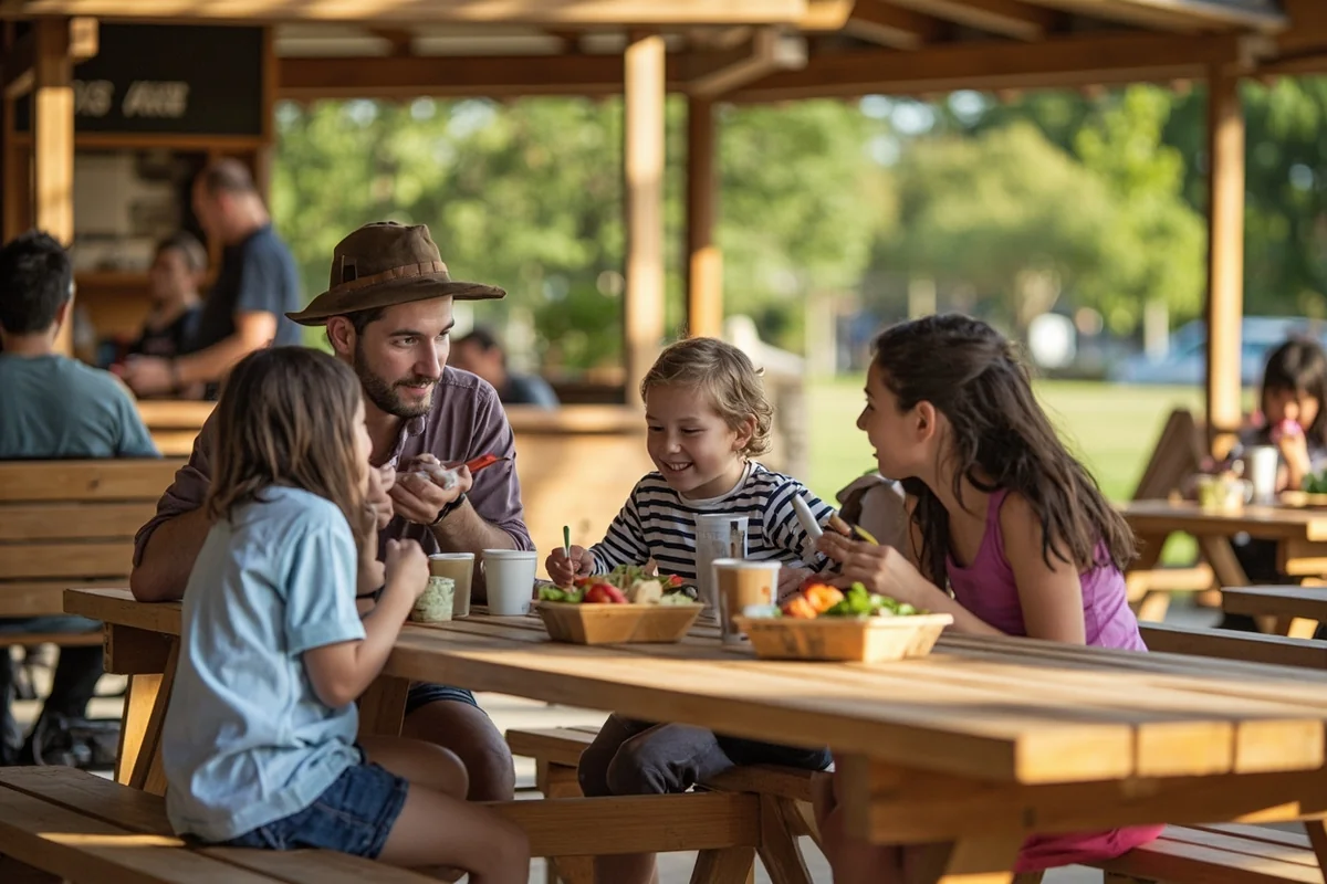 Families eating at shaded picnic tables near the snack bar