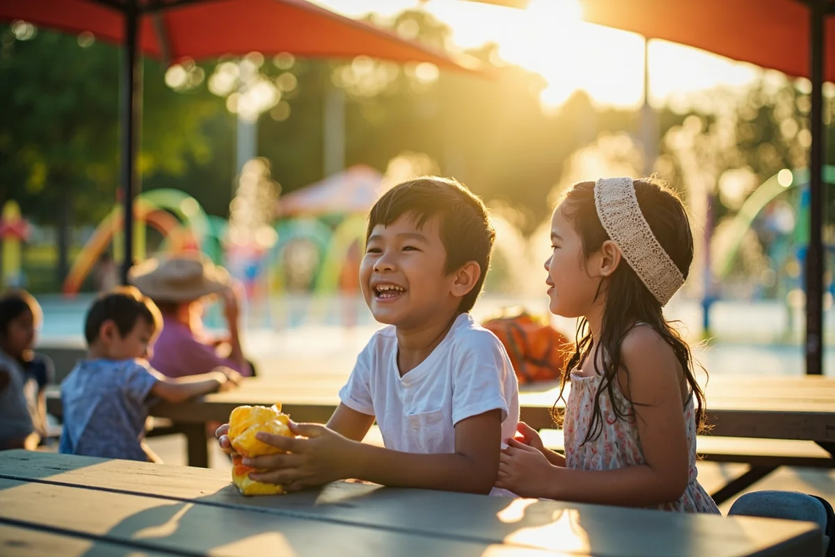 Families enjoying picnic lunches at shaded tables near the splash park
