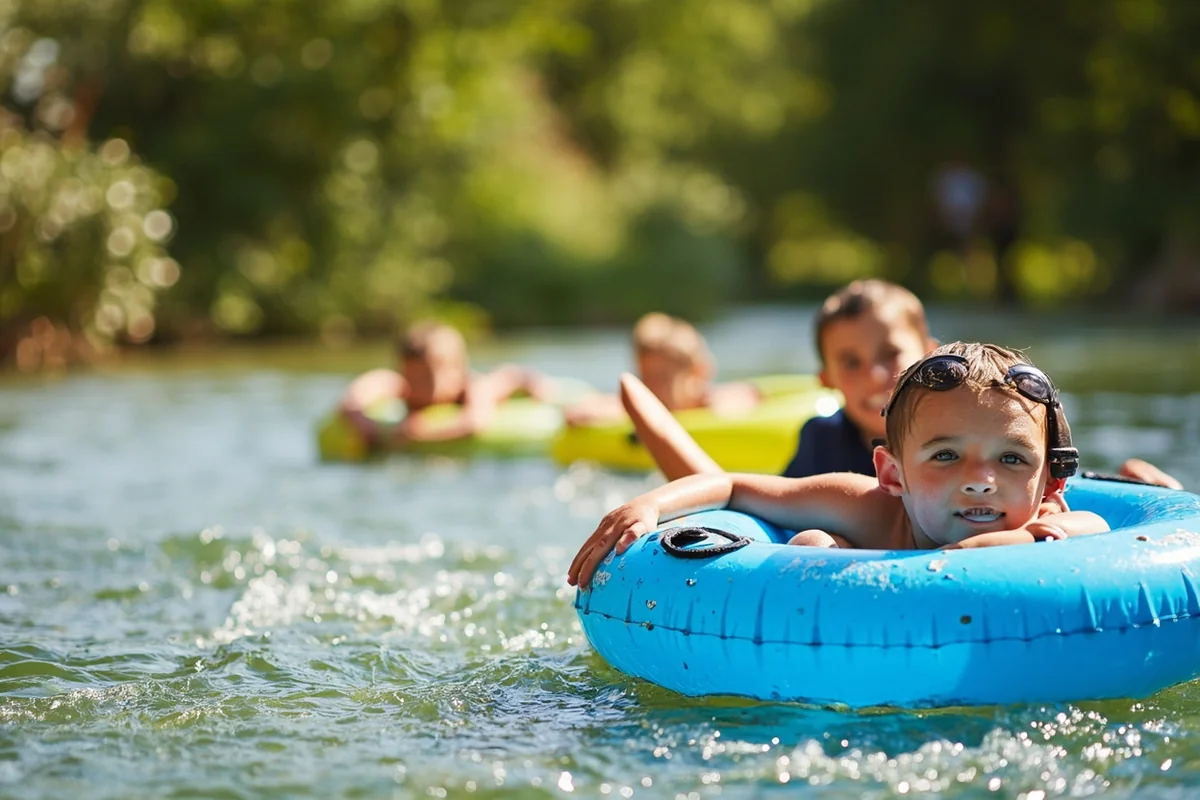 Families enjoying the lazy river with inner tubes floating along the current