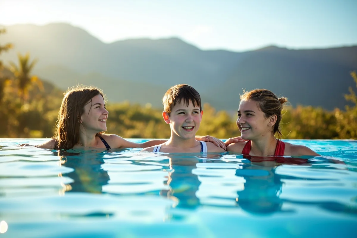 Families enjoying the main swimming pool area with mountains visible in the background