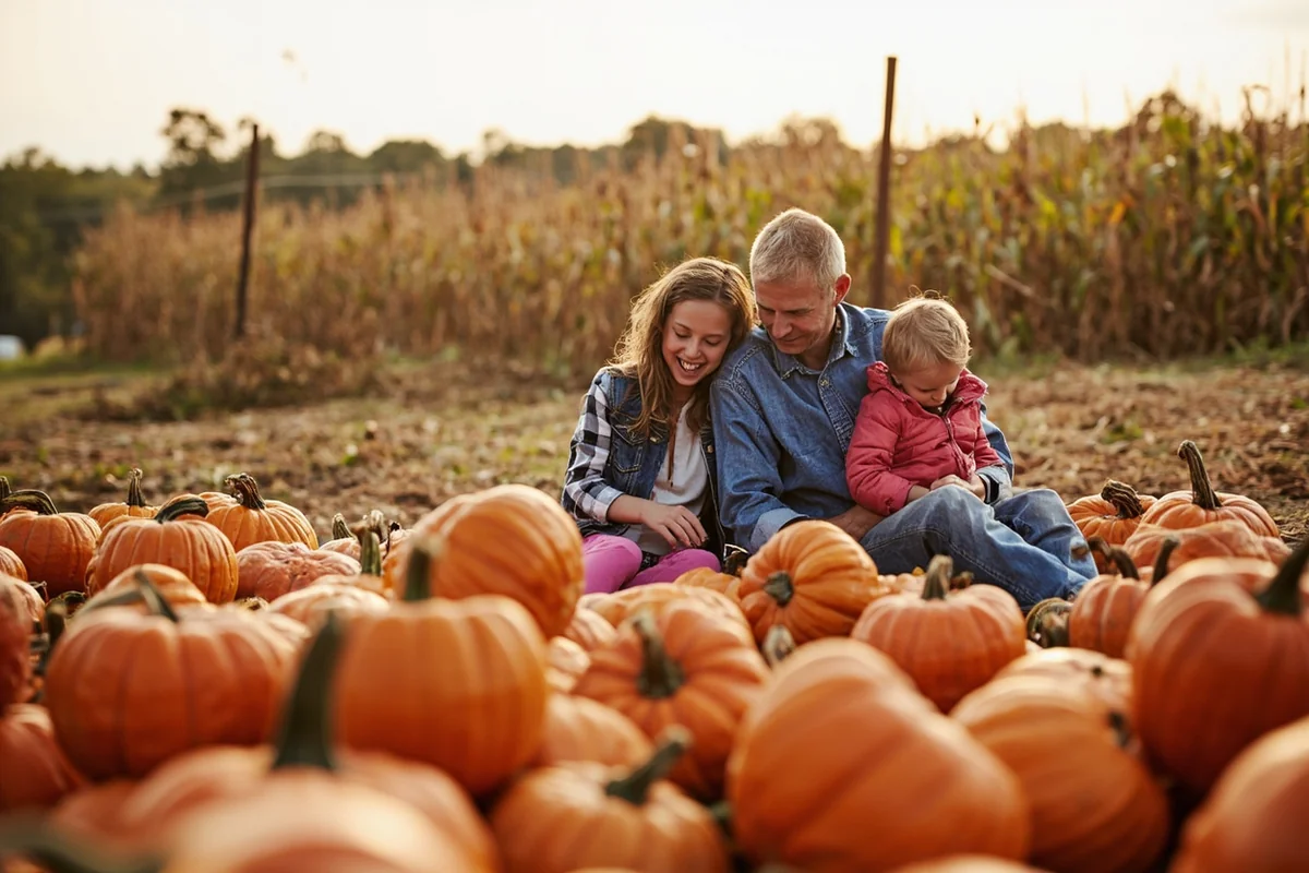 Families enjoying the pumpkin patch area at Poison Creek Pumpkins with corn maze visible in the background