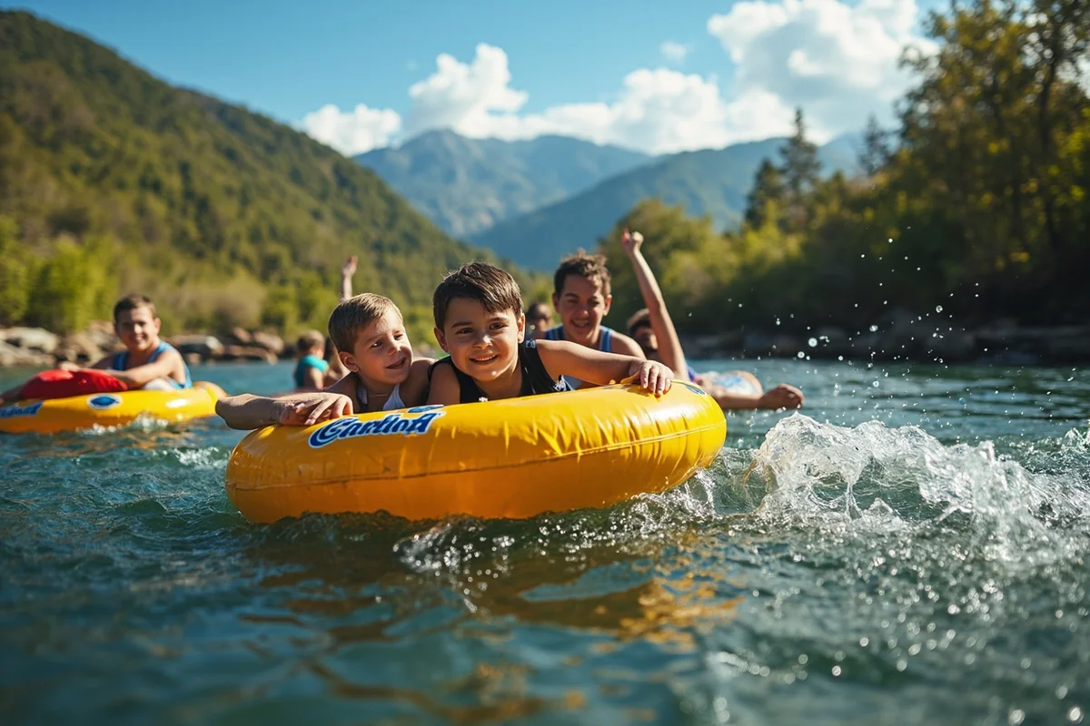 Families floating on tubes in the lazy river with mountain views in background