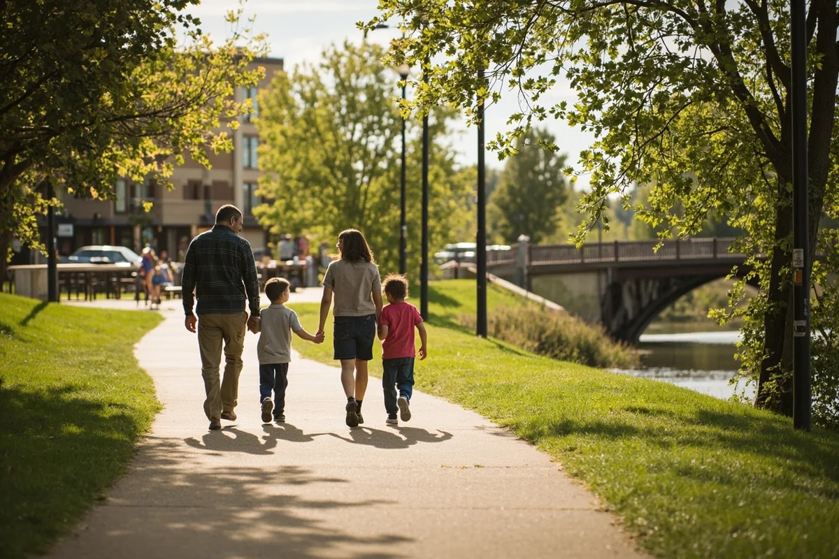 Families walking along the Clark Fork River trail in downtown Missoula with Caras Park visible
