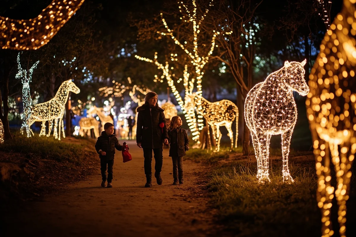 Families walking through illuminated light displays at ZooMontana's Wild Lights event in December
