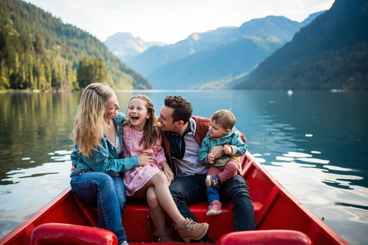 Family at Lake McDonald with red boats and mountain backdrop