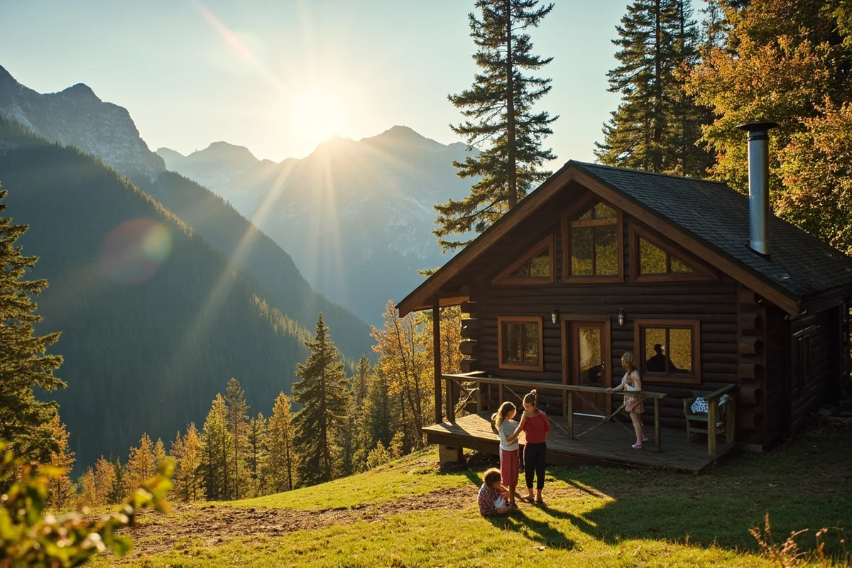 Family cabin with mountain view and kids playing in yard