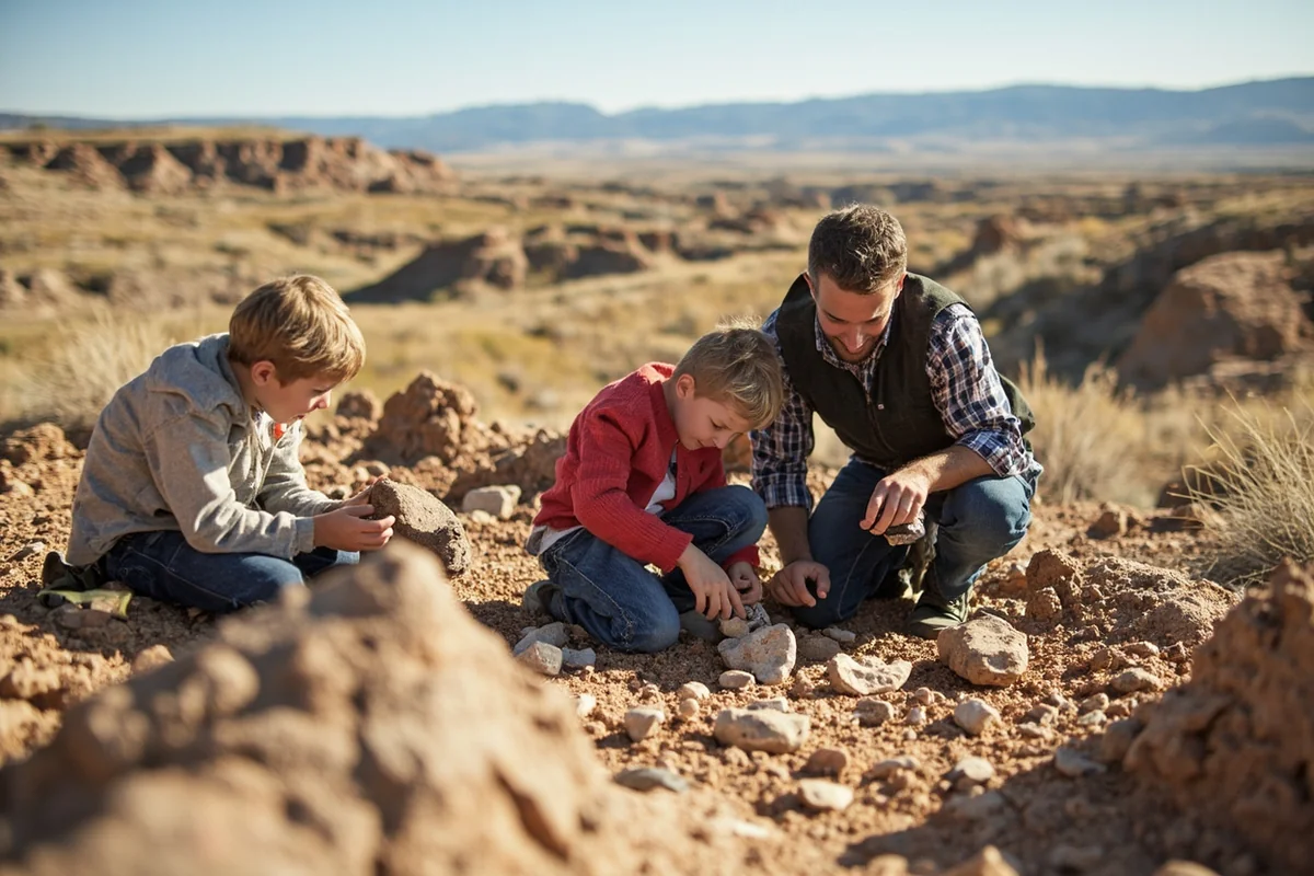 Family examining fossils at a Montana dinosaur dig site with badlands landscape in background