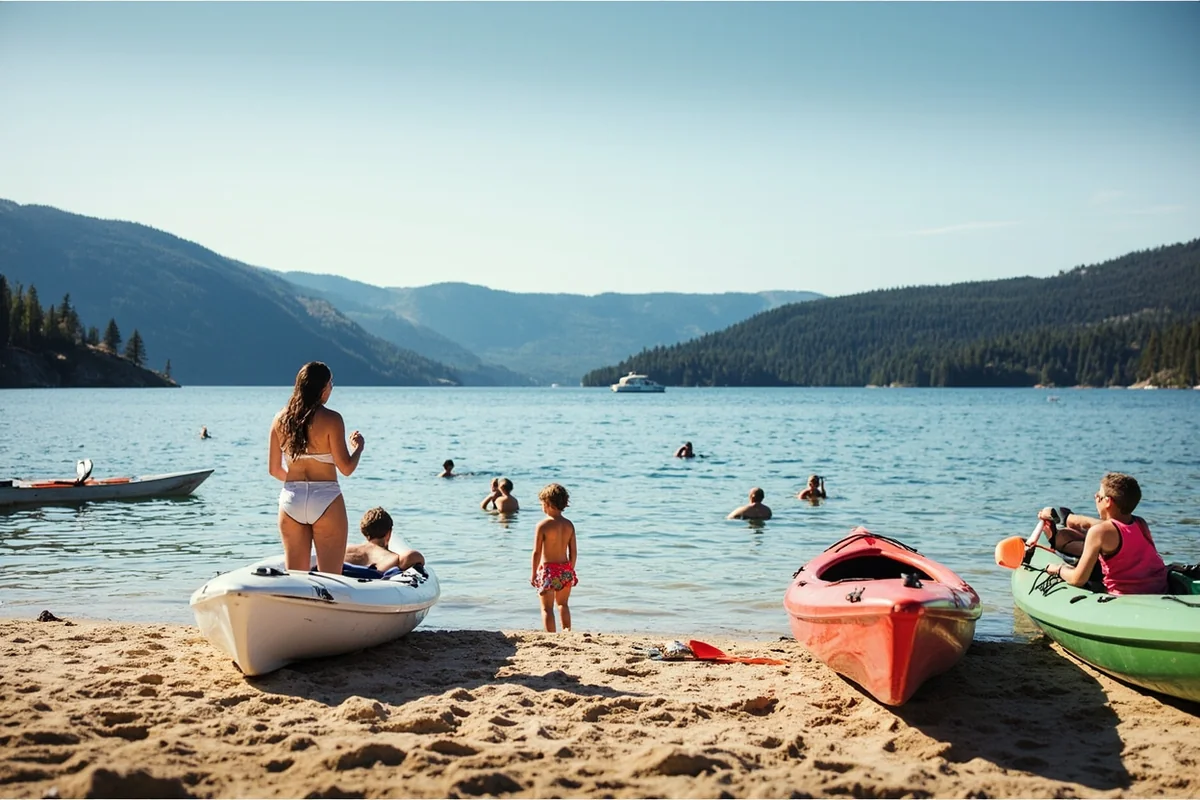 Family-friendly beach area at Seeley Lake with kayakers and swimmers