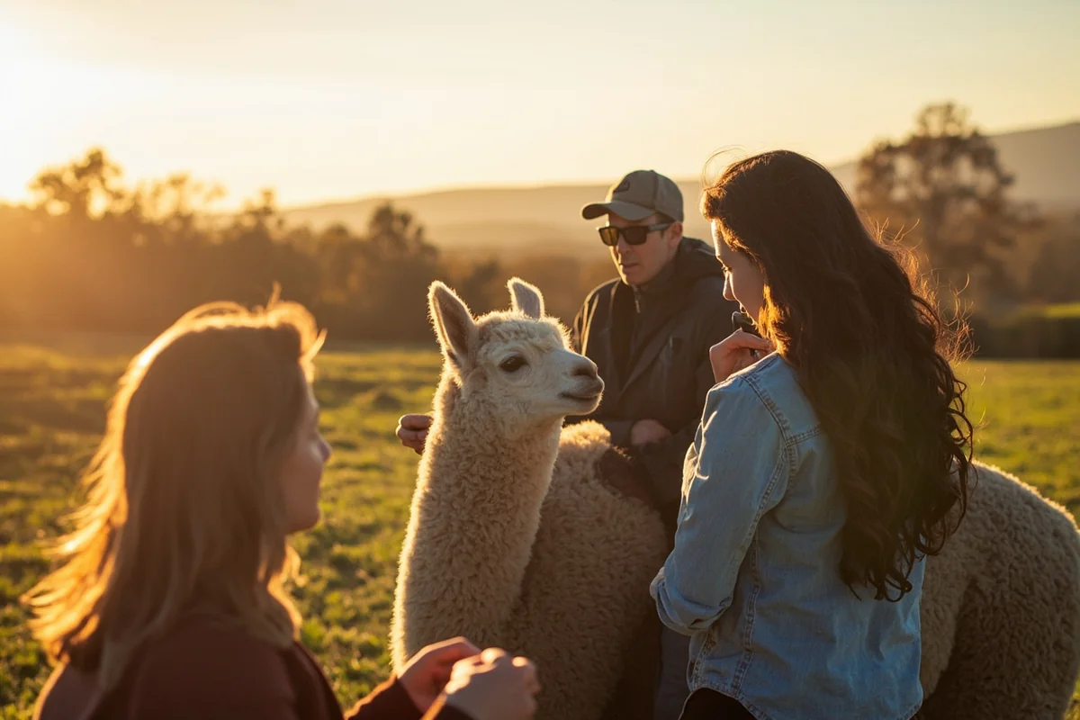 Family group on guided alpaca farm tour