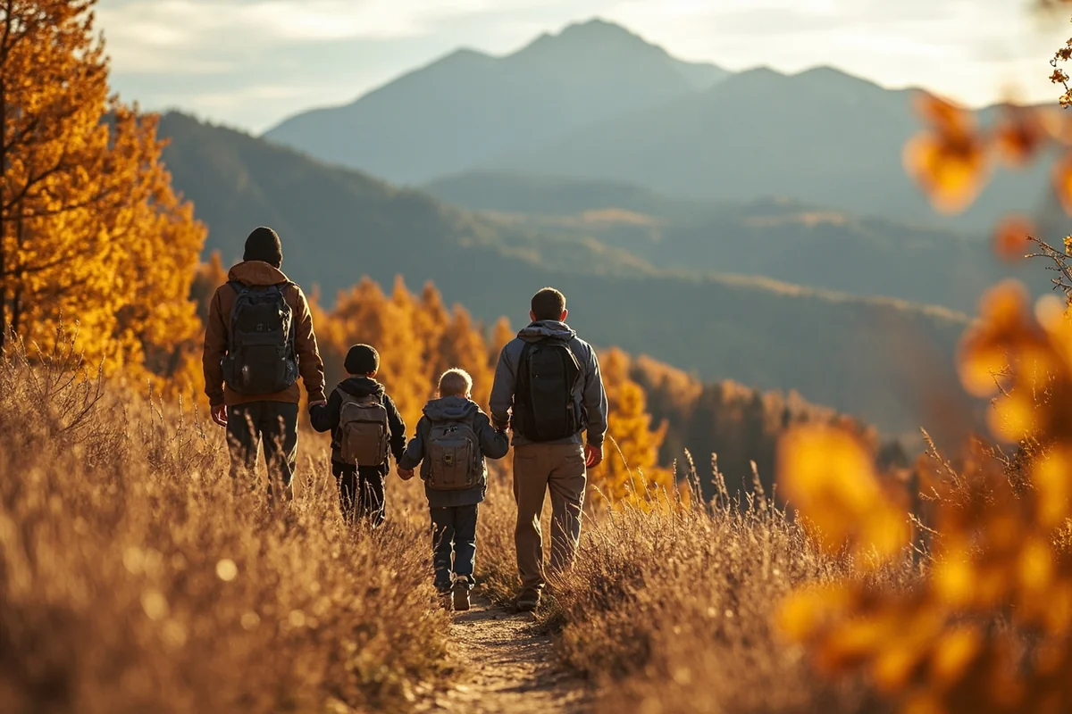 Family hiking a fall trail with mountain views and golden aspens