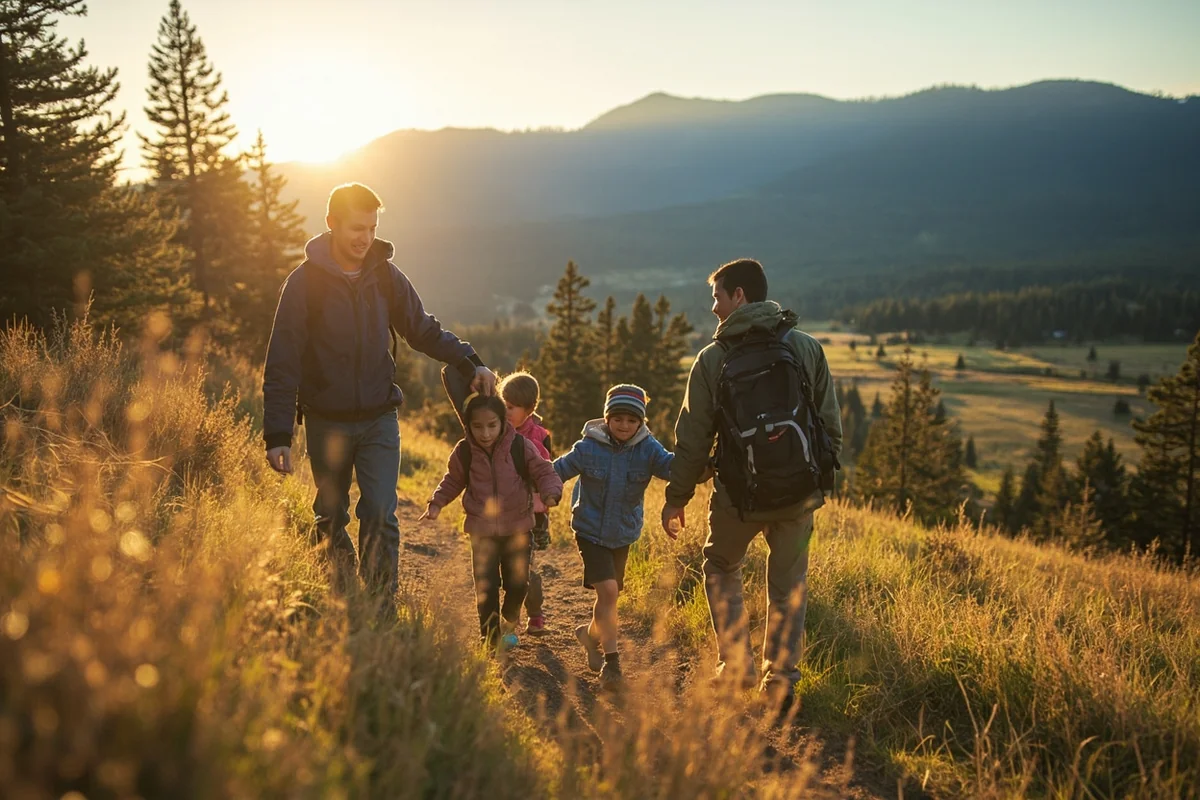 Family hiking on a Montana trail with adults keeping children close and watching surroundings