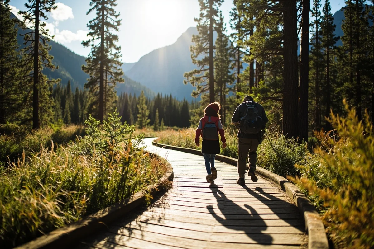 Family hiking Trail of the Cedars boardwalk in Glacier National Park