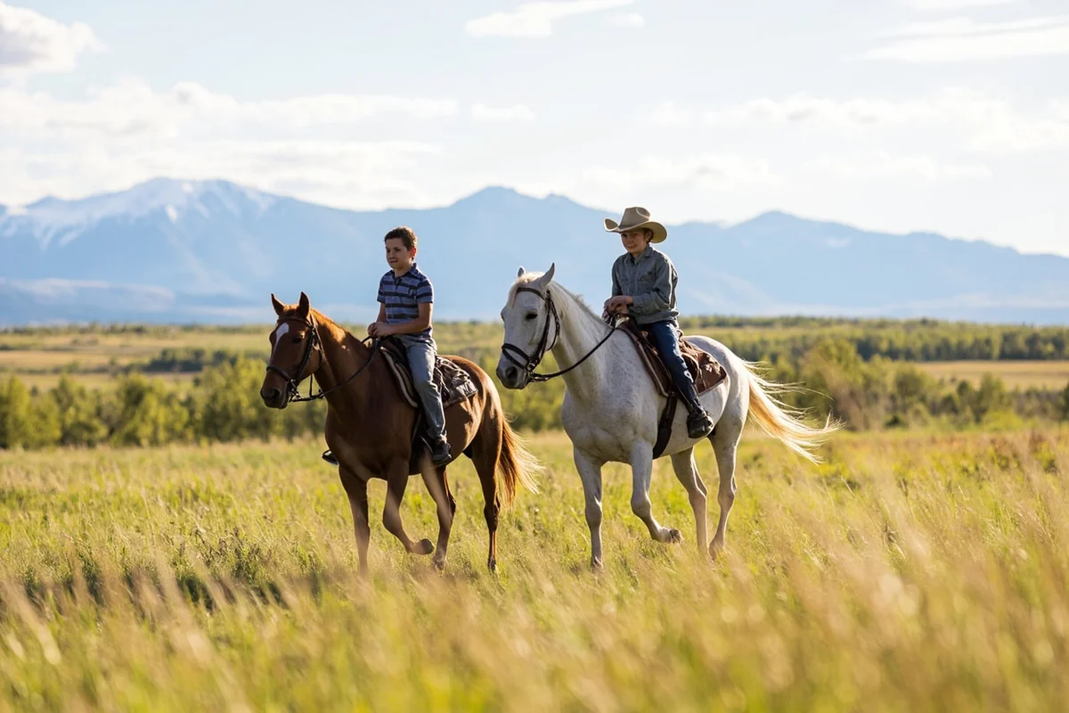 Family horseback riding through Montana meadow with mountain range visible in distance