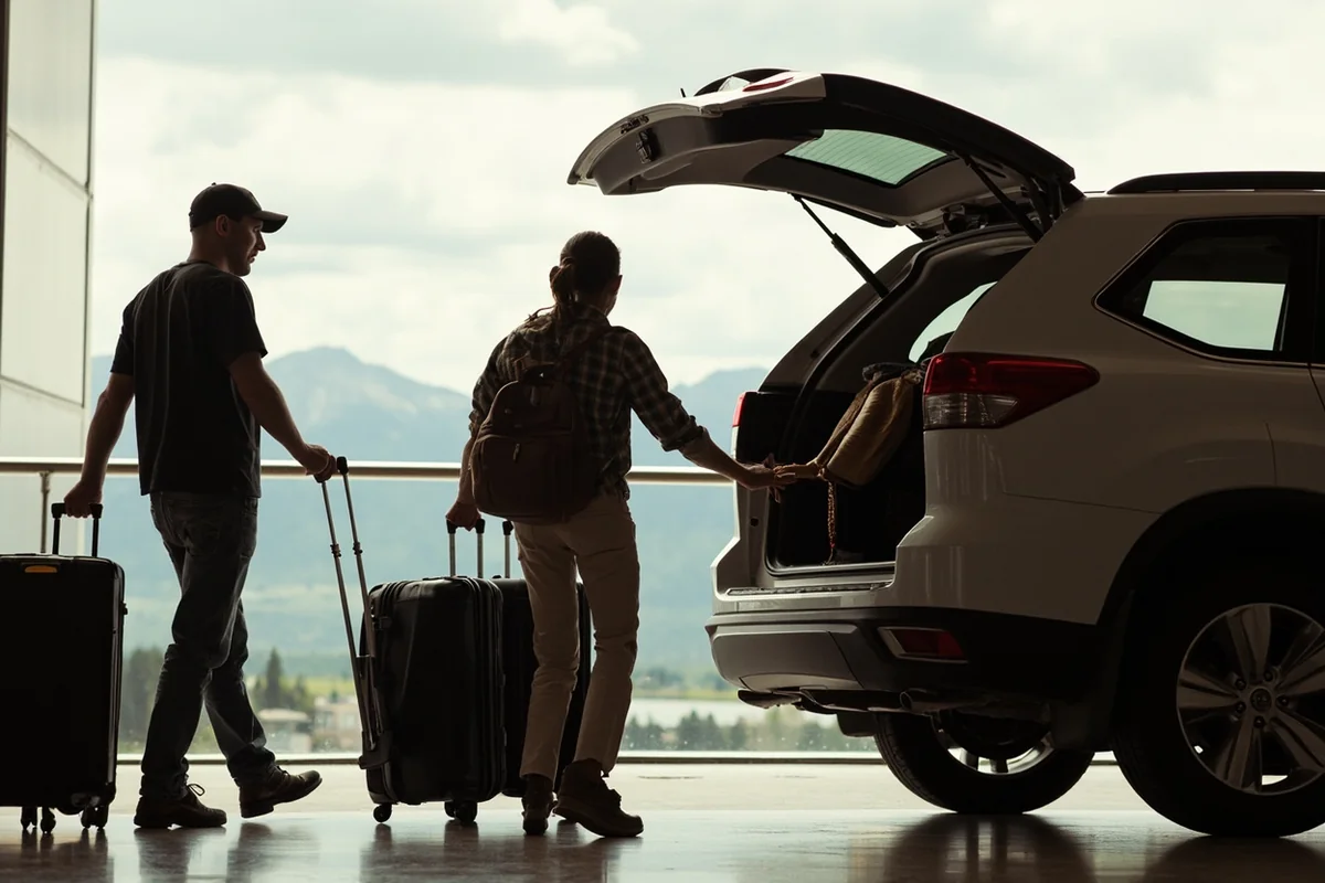 Family loading luggage into SUV at Montana airport with mountain scenery visible