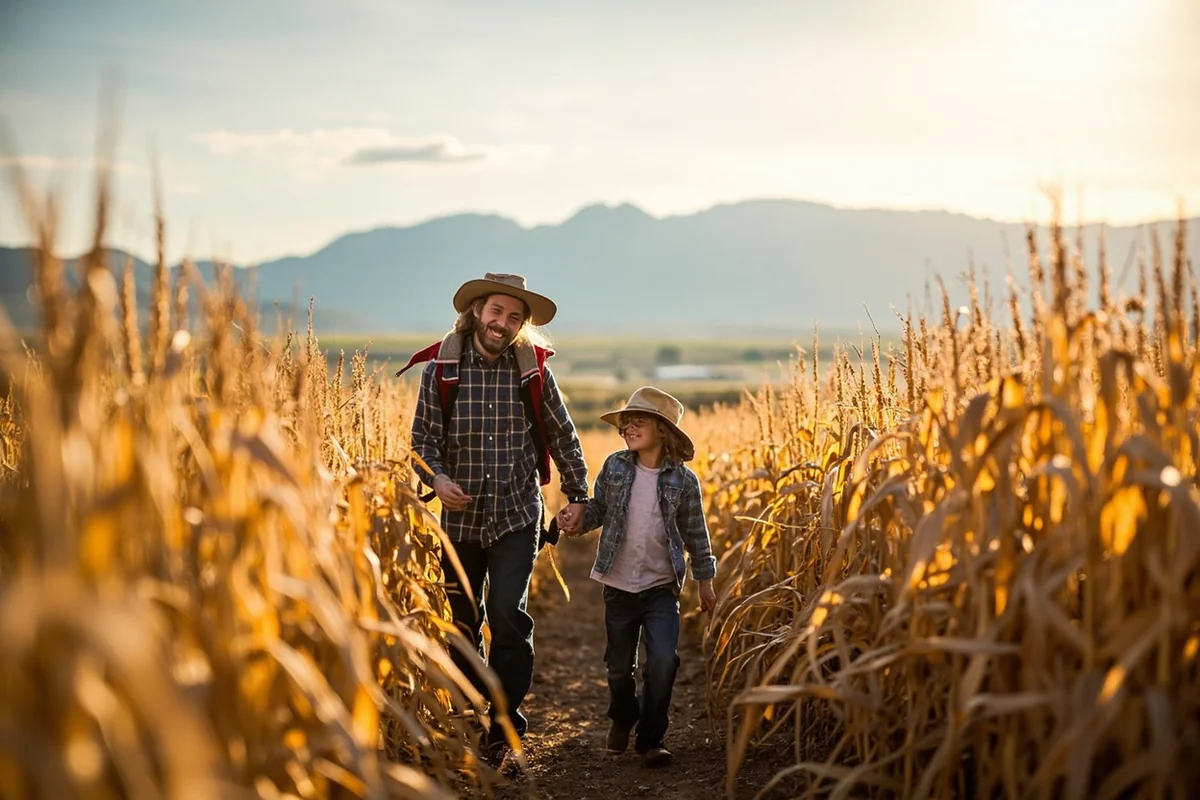 Family navigating through tall corn stalks at Wheat Montana Farms with mountain views in the background