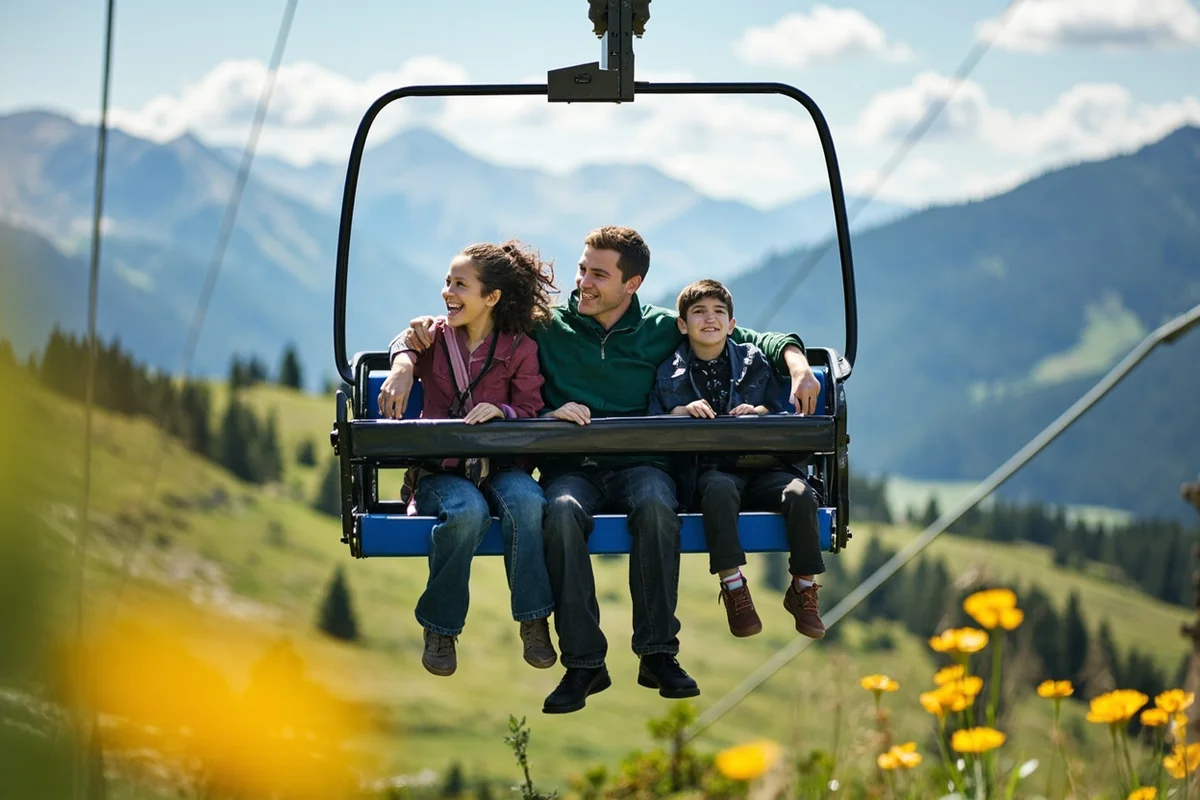 Family on scenic chairlift with mountain meadows and wildflowers below
