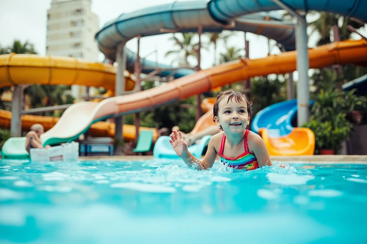 Family pool area showing waterslides and children's swimming area