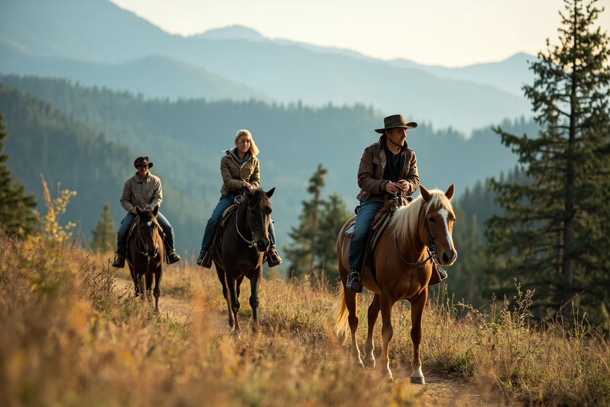 Family riding horses along a mountain trail with forest scenery