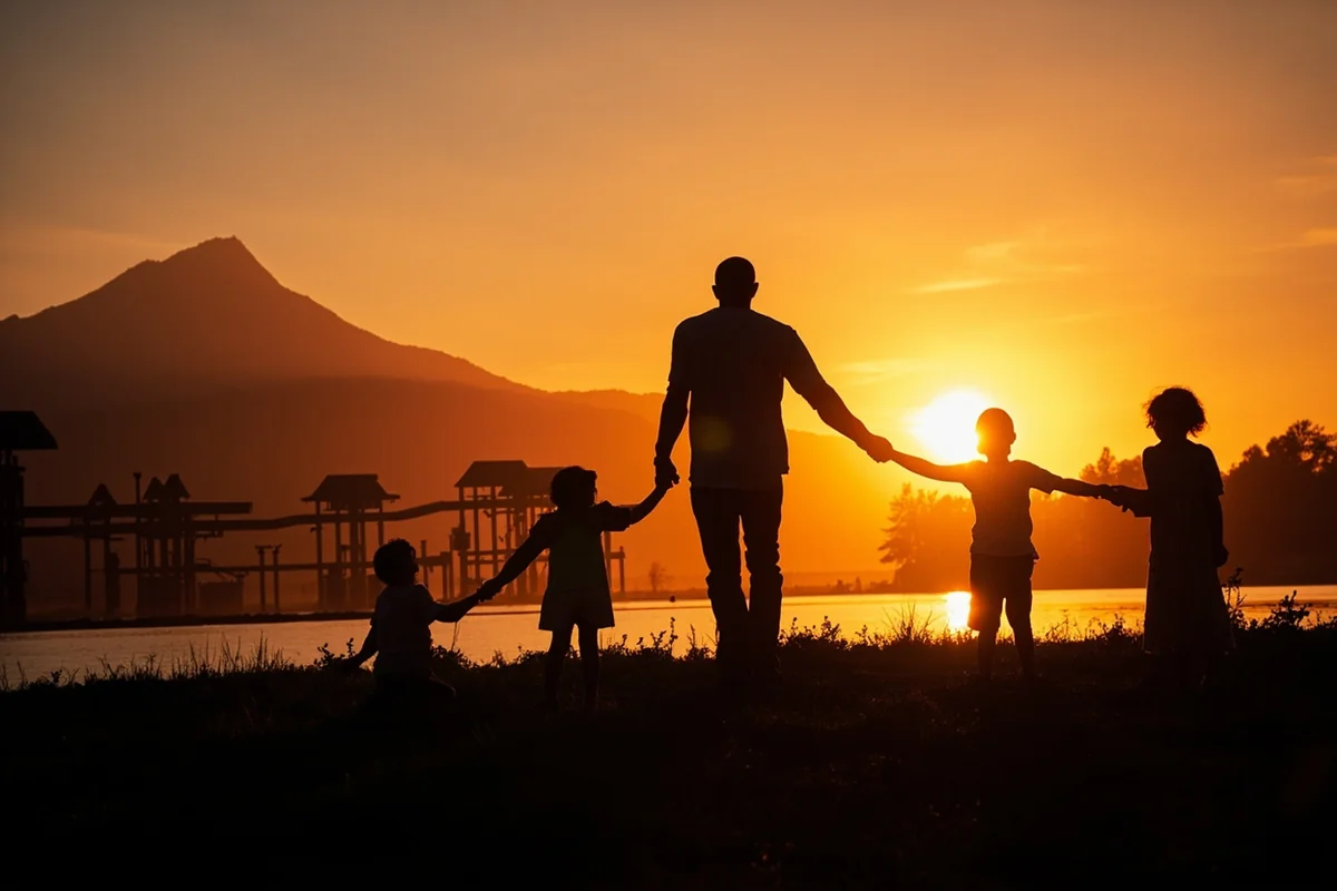 Family silhouette against sunset at waterpark with mountain backdrop