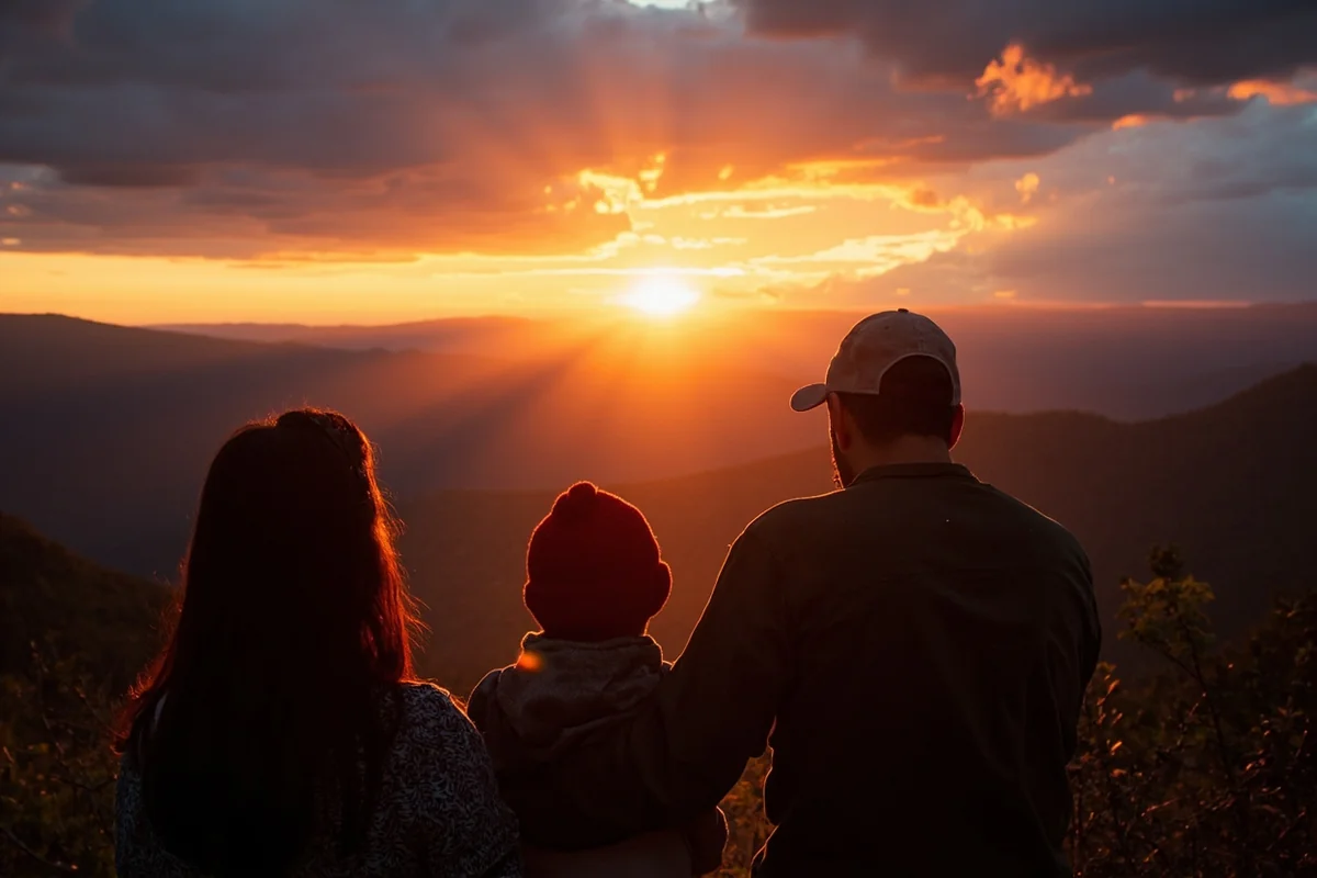 Family silhouette watching sunset over Montana mountains with dramatic sky