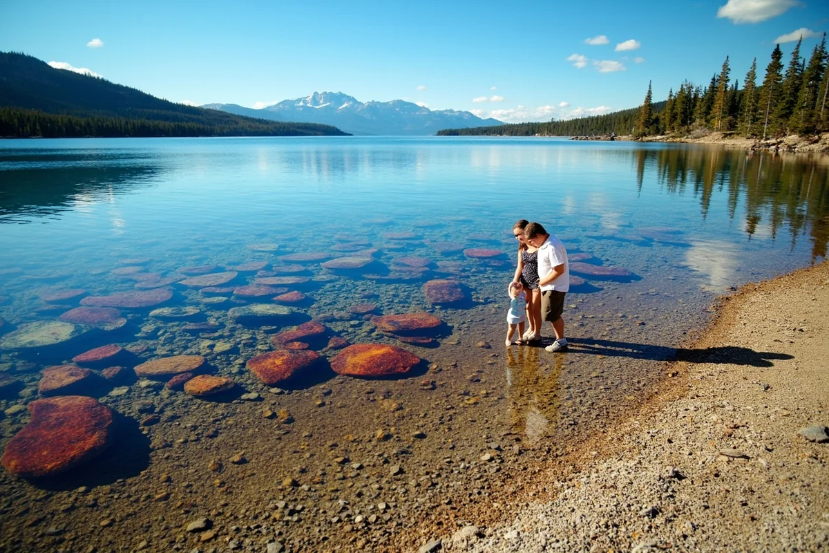 Family standing at Lake McDonald shoreline with colorful rocks visible through clear water