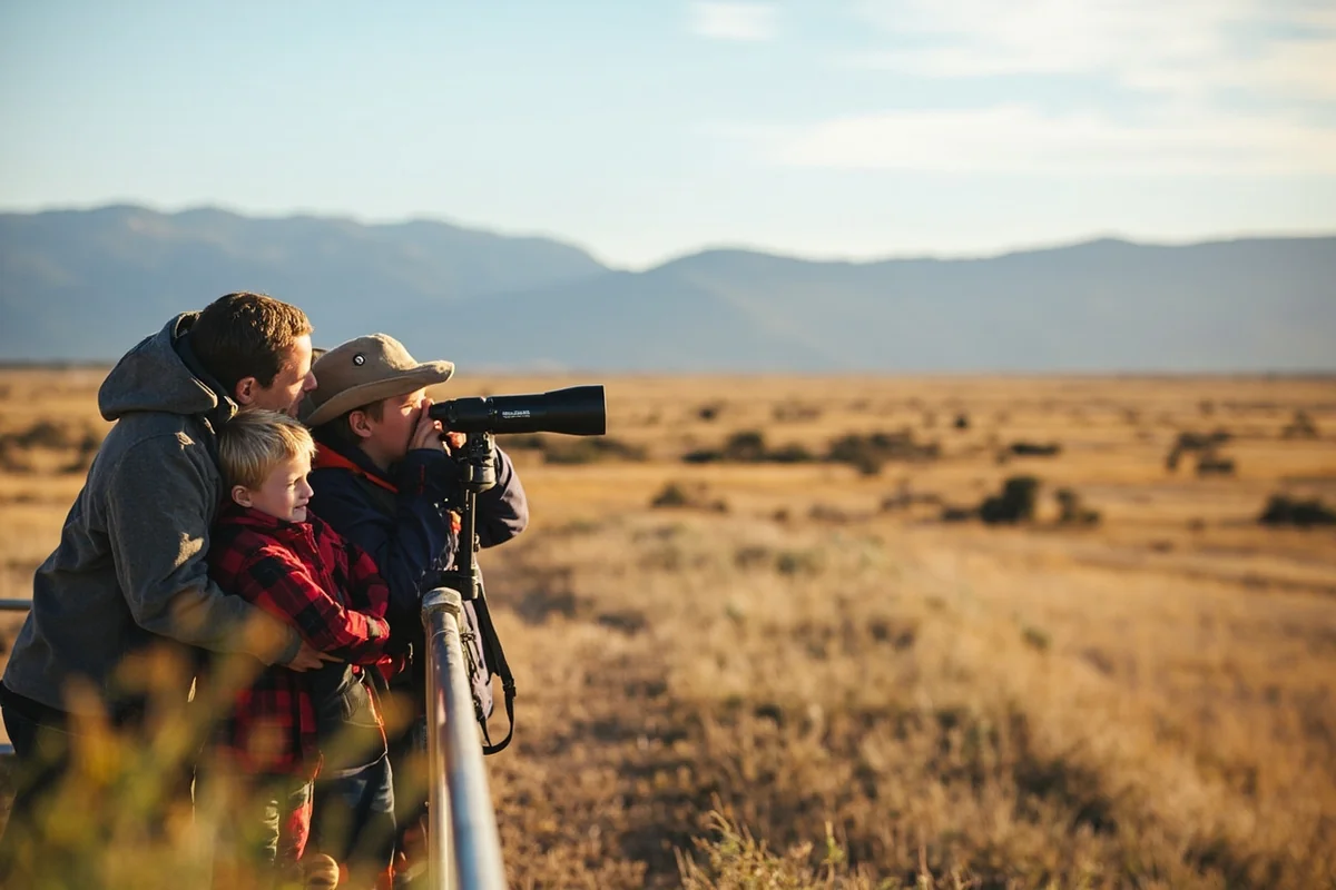 Family using spotting scope or binoculars to observe wildlife from a safe distance in Lamar Valley