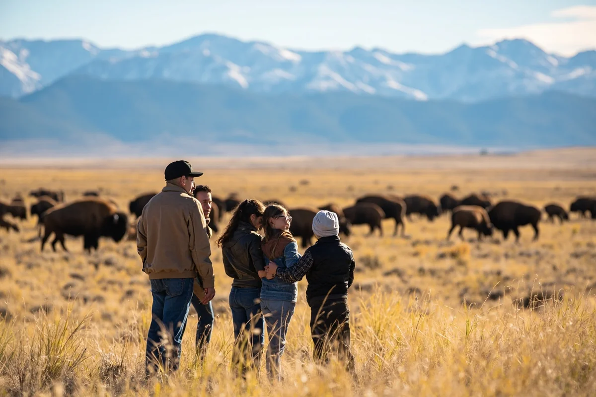 Family watching bison herd in Lamar Valley with snow-capped mountains in background