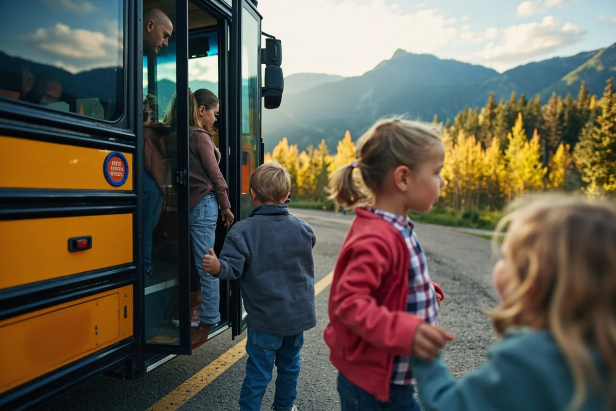 Family with children boarding a touring bus with Montana mountains visible