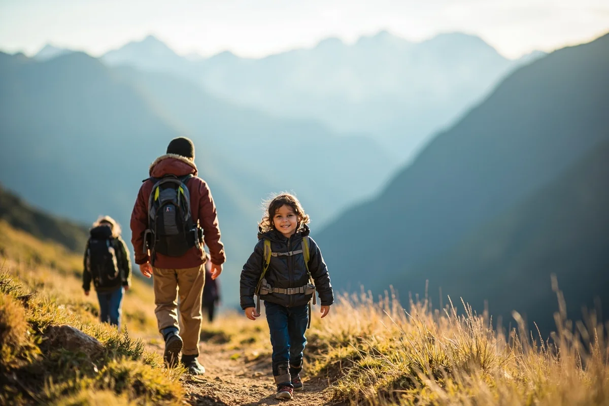 Family with children on the trail with mountain backdrop