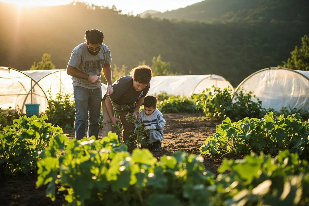 Family working together in large vegetable garden with hoop houses and raised beds