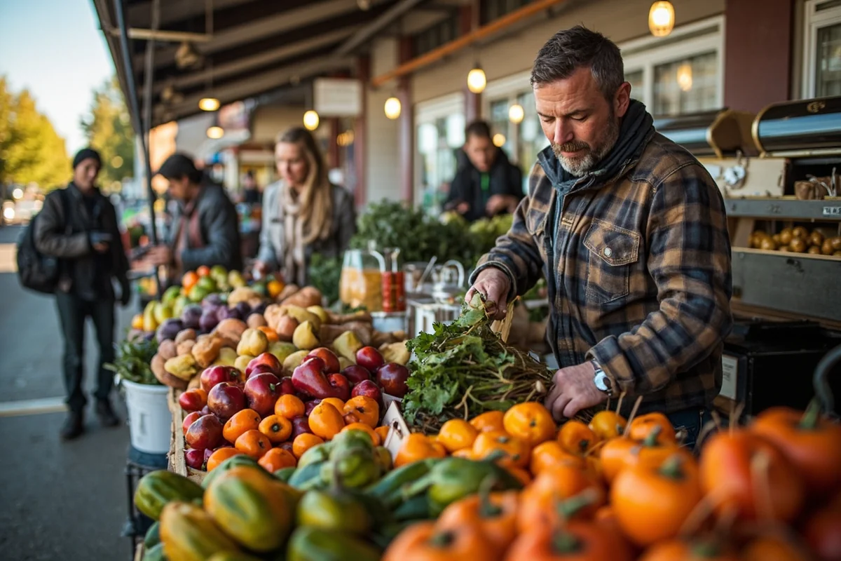 Farmers market scene in Missoula with local vendors selling Montana-grown produce and products
