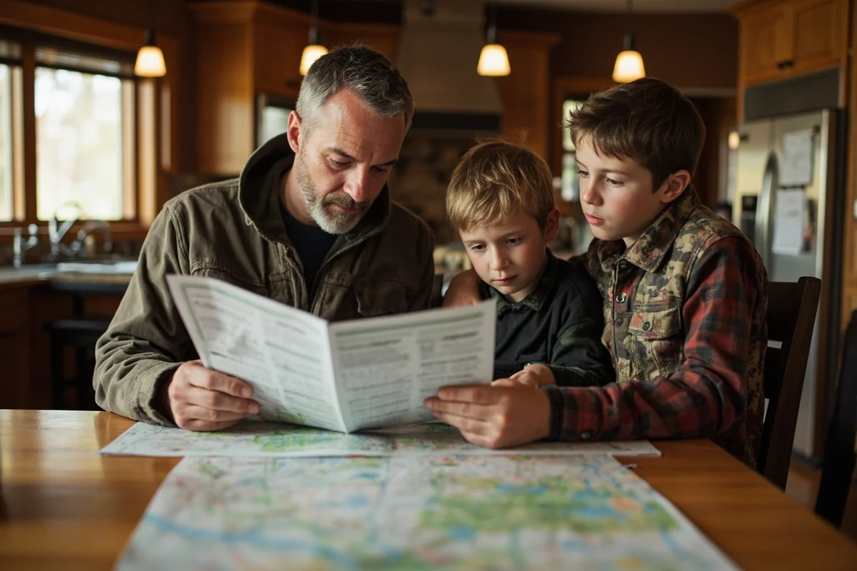 Father and son reviewing hunter safety materials together at a kitchen table with Montana hunting maps visible