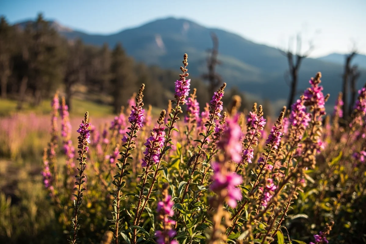 Field of fireweed in bloom with burned forest in background