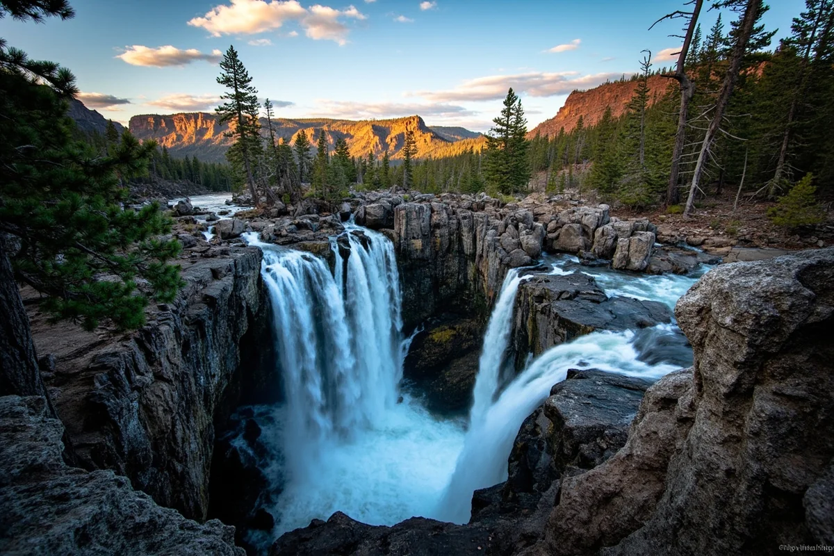Final scenic shot of Hoodoo Cascade Falls from distance showing surrounding wilderness landscape and rock formations