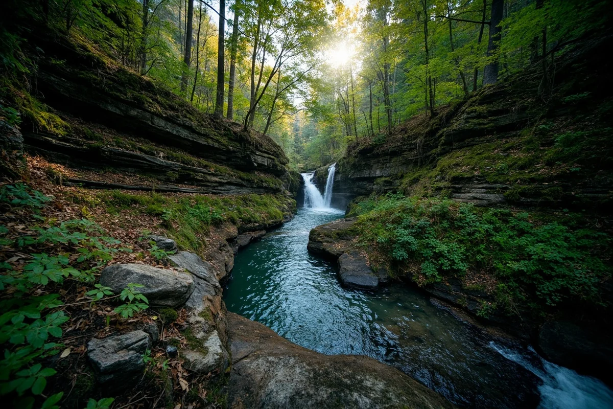 Final scenic shot of Mill Falls area showing forest and canyon atmosphere