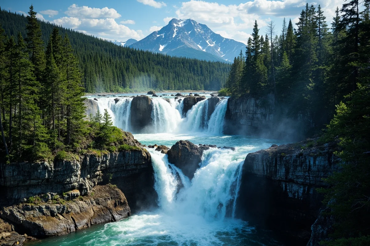 Final scenic shot of Running Eagle Falls with surrounding forest and mountain peaks visible