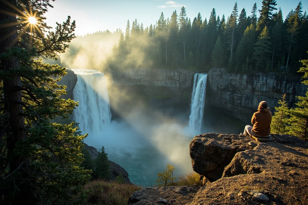Final scenic shot of Skalkaho Falls from viewing area with visitor enjoying the scenery