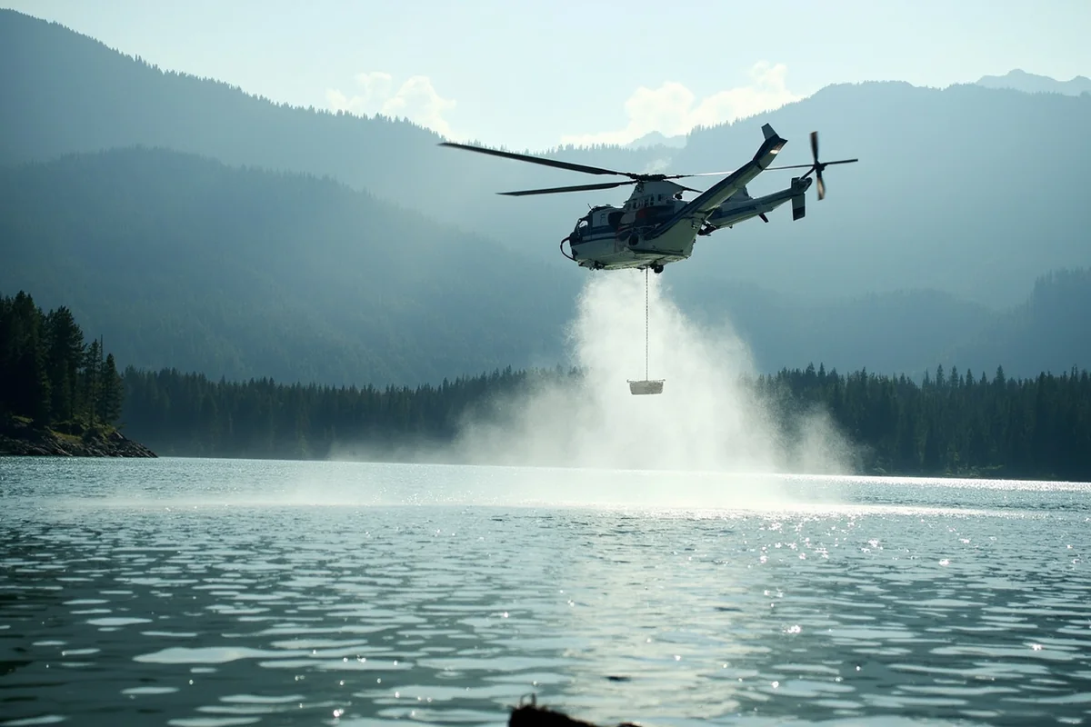 Firefighting helicopter filling water bucket from Montana lake
