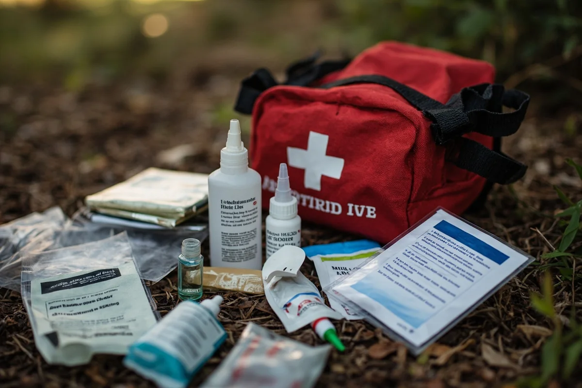 First aid kit contents laid out showing recommended bite treatment supplies