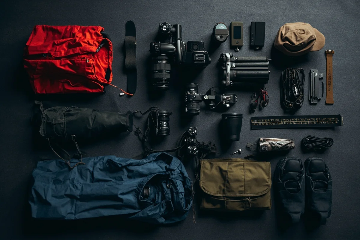 Flat lay of aurora hunting gear including camera equipment, cold weather clothing, and accessories