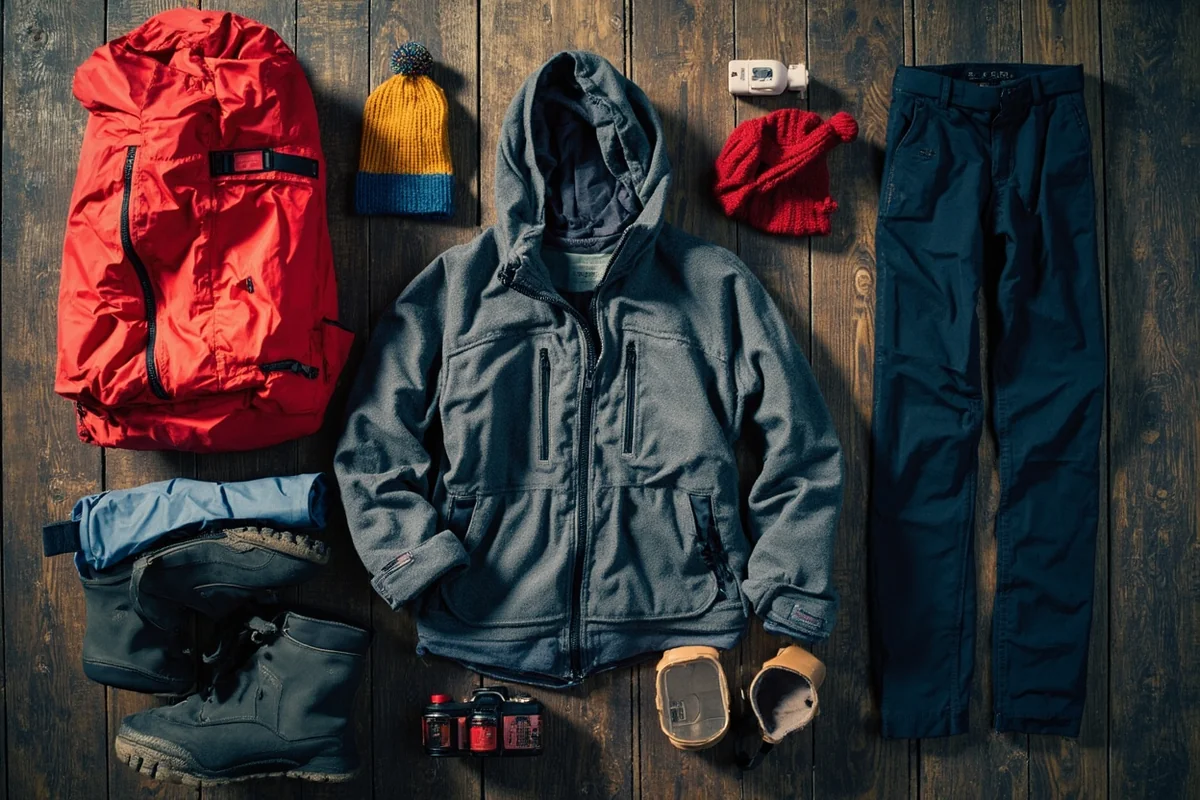 Flat lay of cold weather gear including layers, boots, and accessories