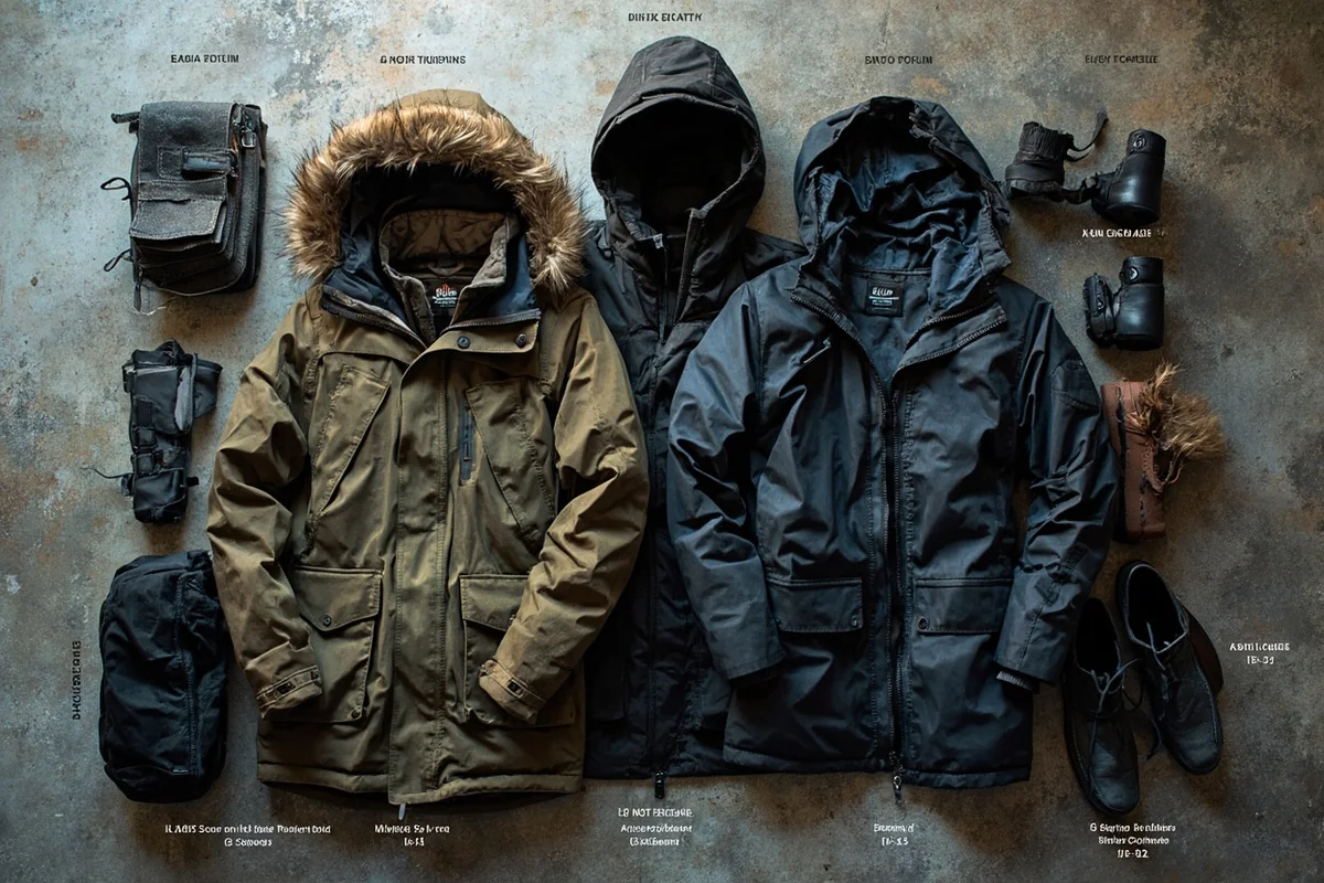 Flat lay of complete three-layer winter clothing system with labels identifying each layer