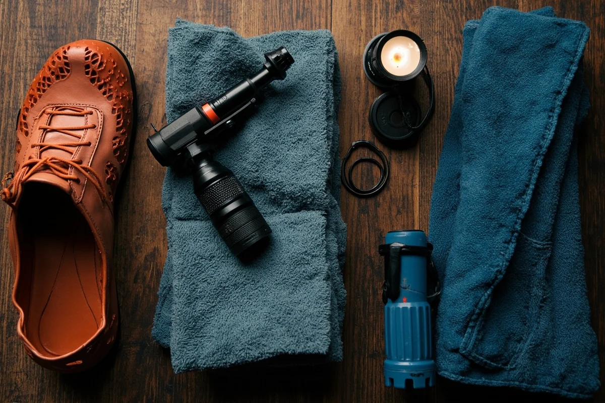 Flat-lay of essential hot springs packing items including water shoes, towel, and headlamp