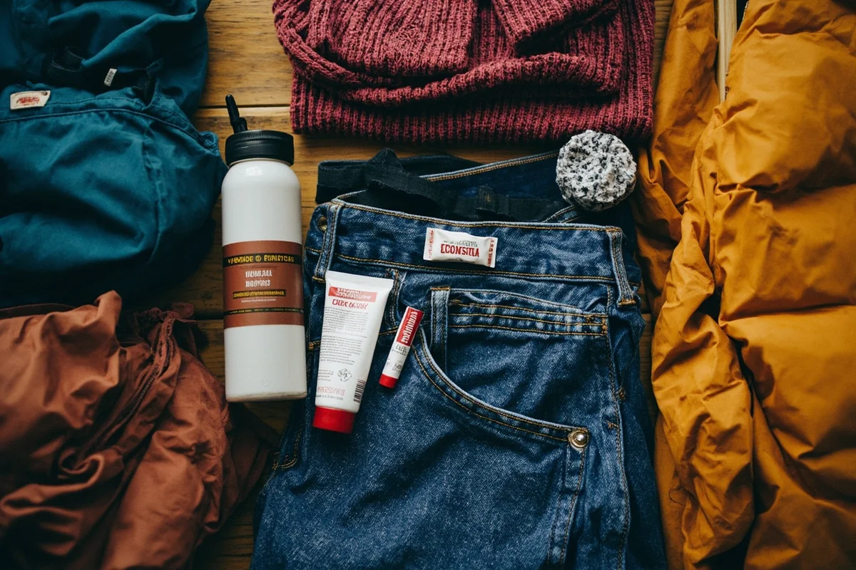 Flat lay of Montana travel essentials including water bottle, lotion, lip balm, and layered clothing