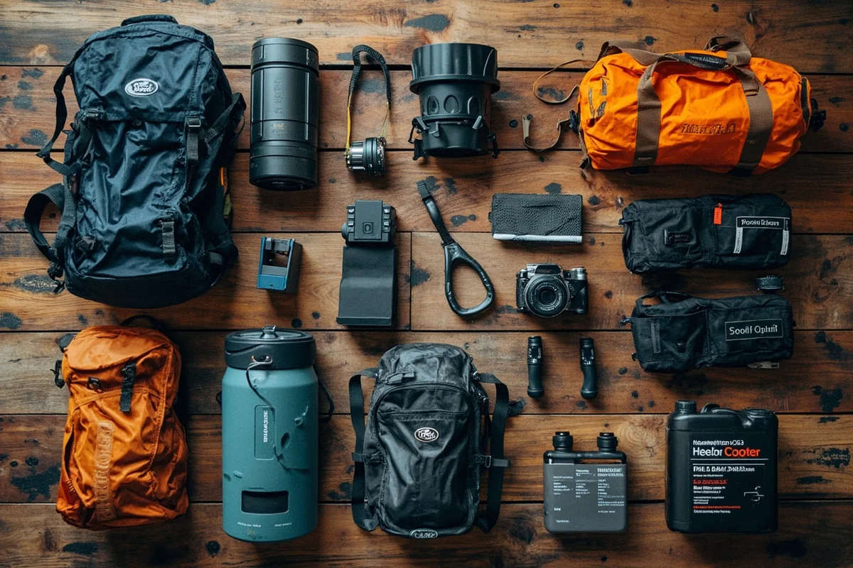 Flat lay of recommended gear for visiting primitive hot springs