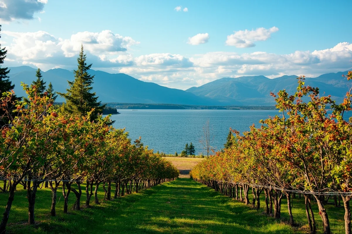 Flathead Lake with cherry orchards in foreground and Mission Mountains backdrop