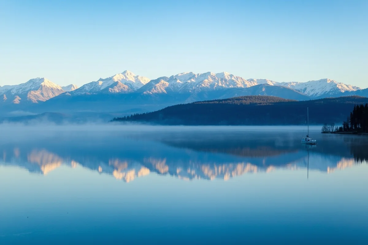 Flathead Lake with Mission Mountains reflected in calm morning water